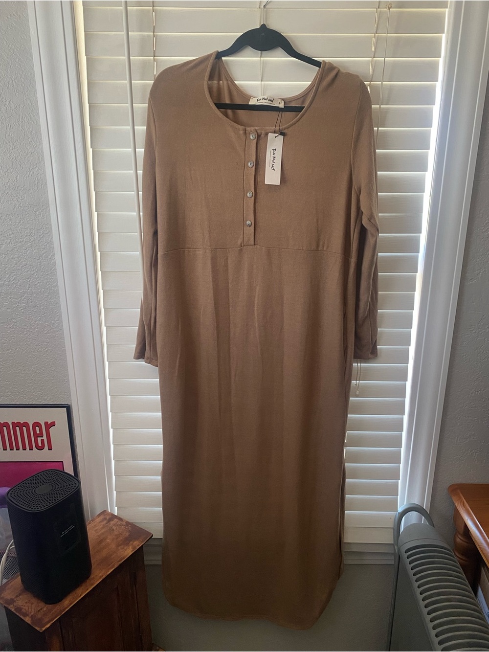 Three Bird Nest Long Sleeve Henley Dress in Brown